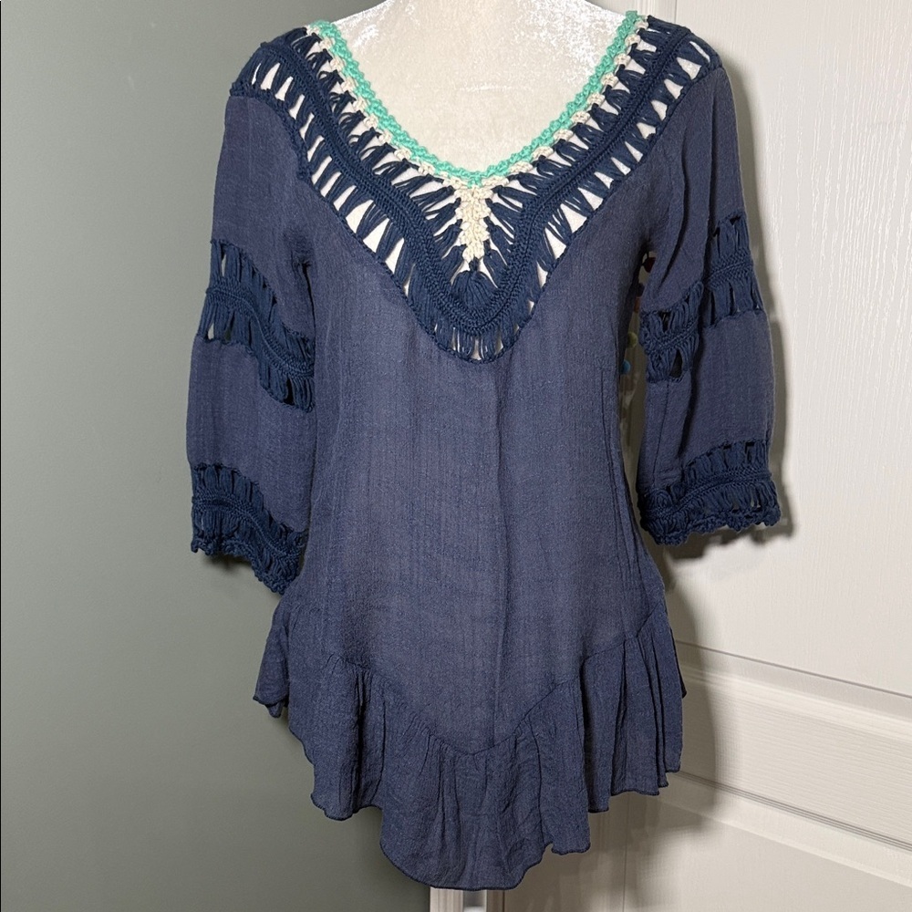 Boho Crochet Trim Peplum Top Navy Blue Pom Pom Back Tassel Blouse